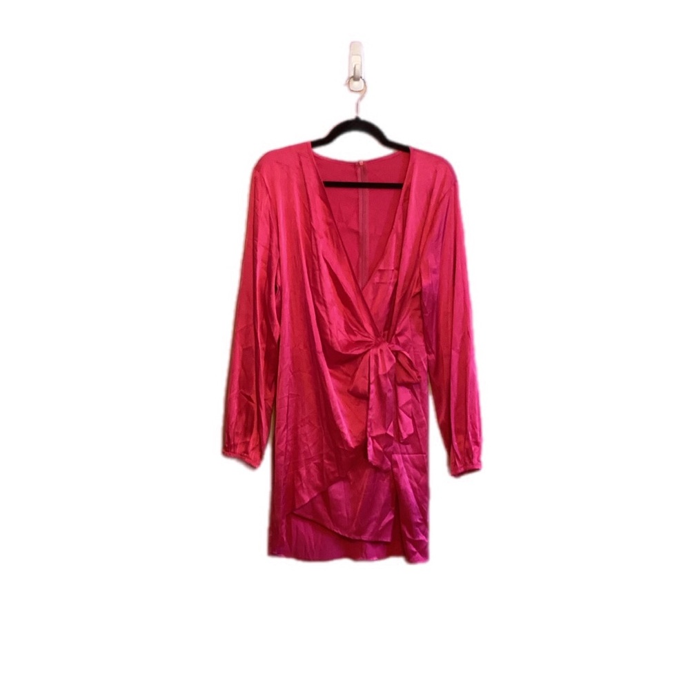 Barbie Pink Long Sleeve Satin Faux Wrap Dress
